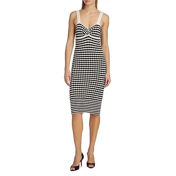 Ramy Brook Jessa Striped Knit Cotton-Blend Midi-Dress Black Ivory Size L NWT